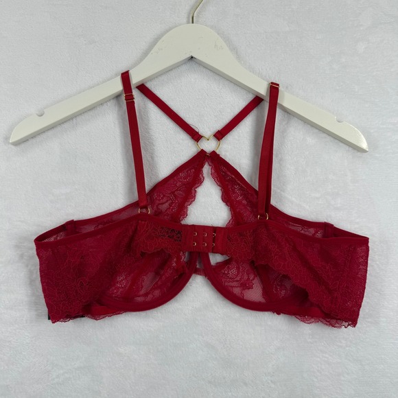 NWT Fredericks of Hollywood Red Lace Heart Ring Strappy Balconette Bra L/XL - Picture 6 of 7